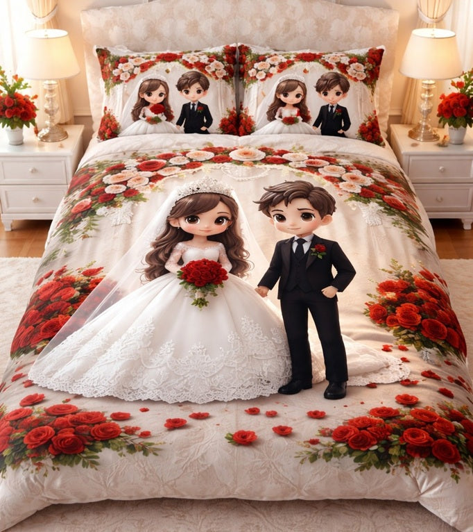 7D Glace Cotton Bedsheet Flat with 2 Pillow Covers | Wedding Couple Design | Premium Soft Fabric | 90x100 Inch Single Size Bedsheet