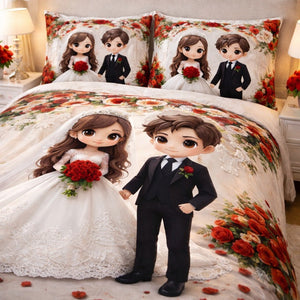 7D Glace Cotton Bedsheet Flat with 2 Pillow Covers | Wedding Couple Design | Premium Soft Fabric | 90x100 Inch Single Size Bedsheet