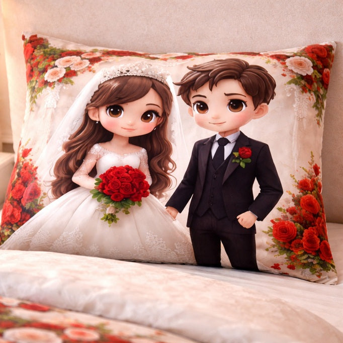 7D Glace Cotton Bedsheet Flat with 2 Pillow Covers | Wedding Couple Design | Premium Soft Fabric | 90x100 Inch Single Size Bedsheet