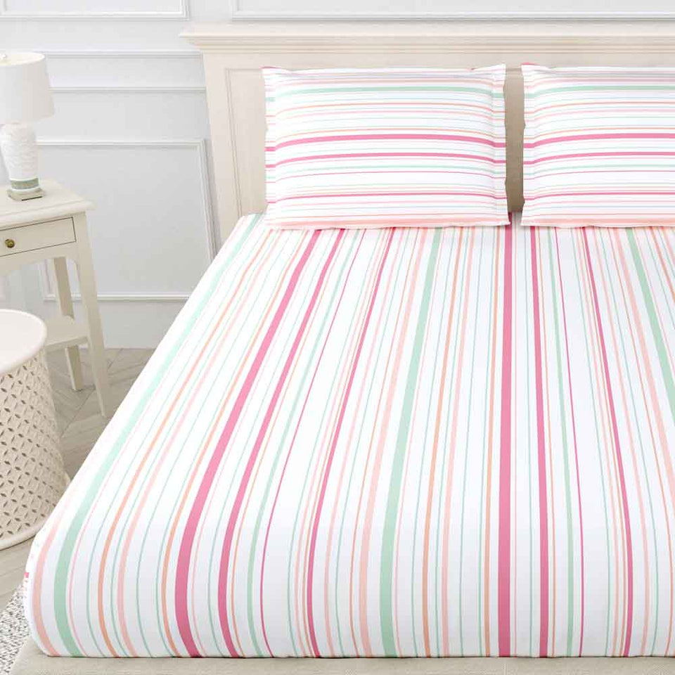 Magical Stripes 100% Cotton King Size Bedsheet, 186 TC, Pink and Green