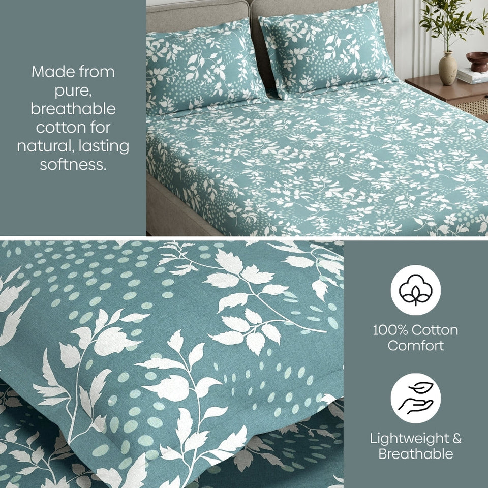 Green foliage 100% Cotton King Fitted Bedsheet, 144 TC