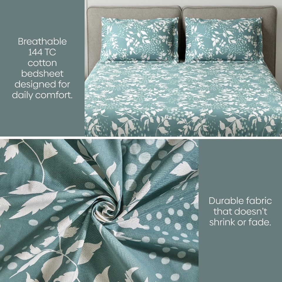 Green foliage 100% Cotton King Fitted Bedsheet, 144 TC