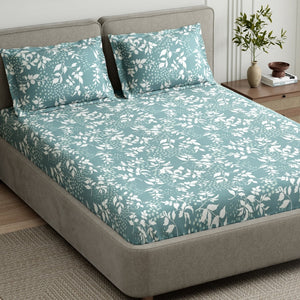 Green foliage 100% Cotton King Fitted Bedsheet, 144 TC