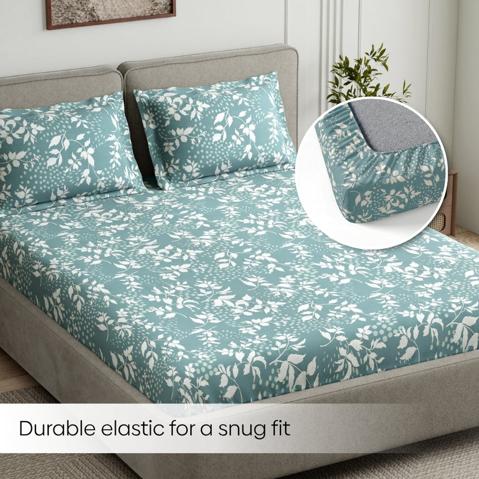 Green foliage 100% Cotton King Fitted Bedsheet, 144 TC