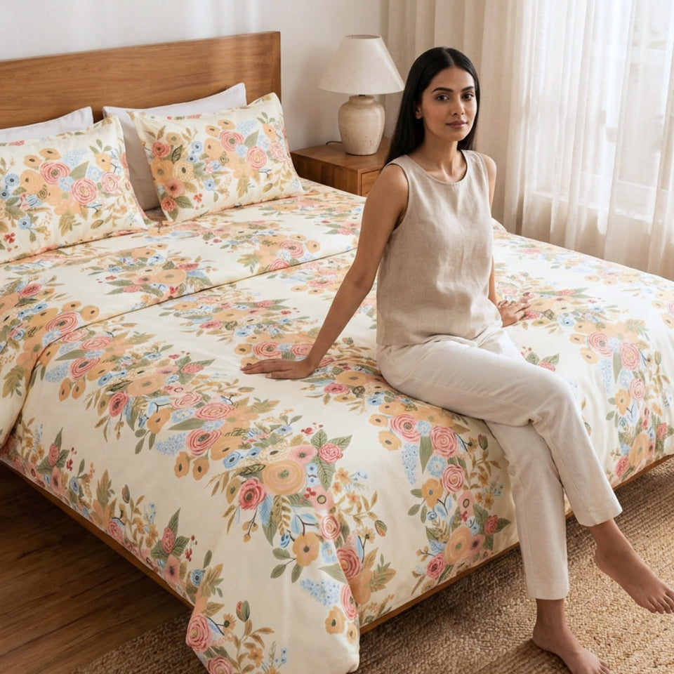 Vintage Peony 100% Combed Cotton 144 TC King Flat Bedsheet 4.4 (90)