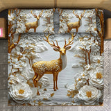 Golden Deer and Floral Elegance 7D Textured Bed Set"