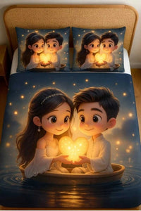 7D Glace Cotton Bedsheet Flat with 2 Pillow Covers | Cute Couple Love Design | Soft & Smooth Fabric | 90x100 Inch Single Size Bedsheet