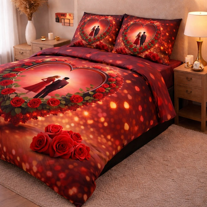 Luxury 7D Rose Printed Fitted (Elastic) Bedsheet with Pillow Covers (90×100 Inch)
